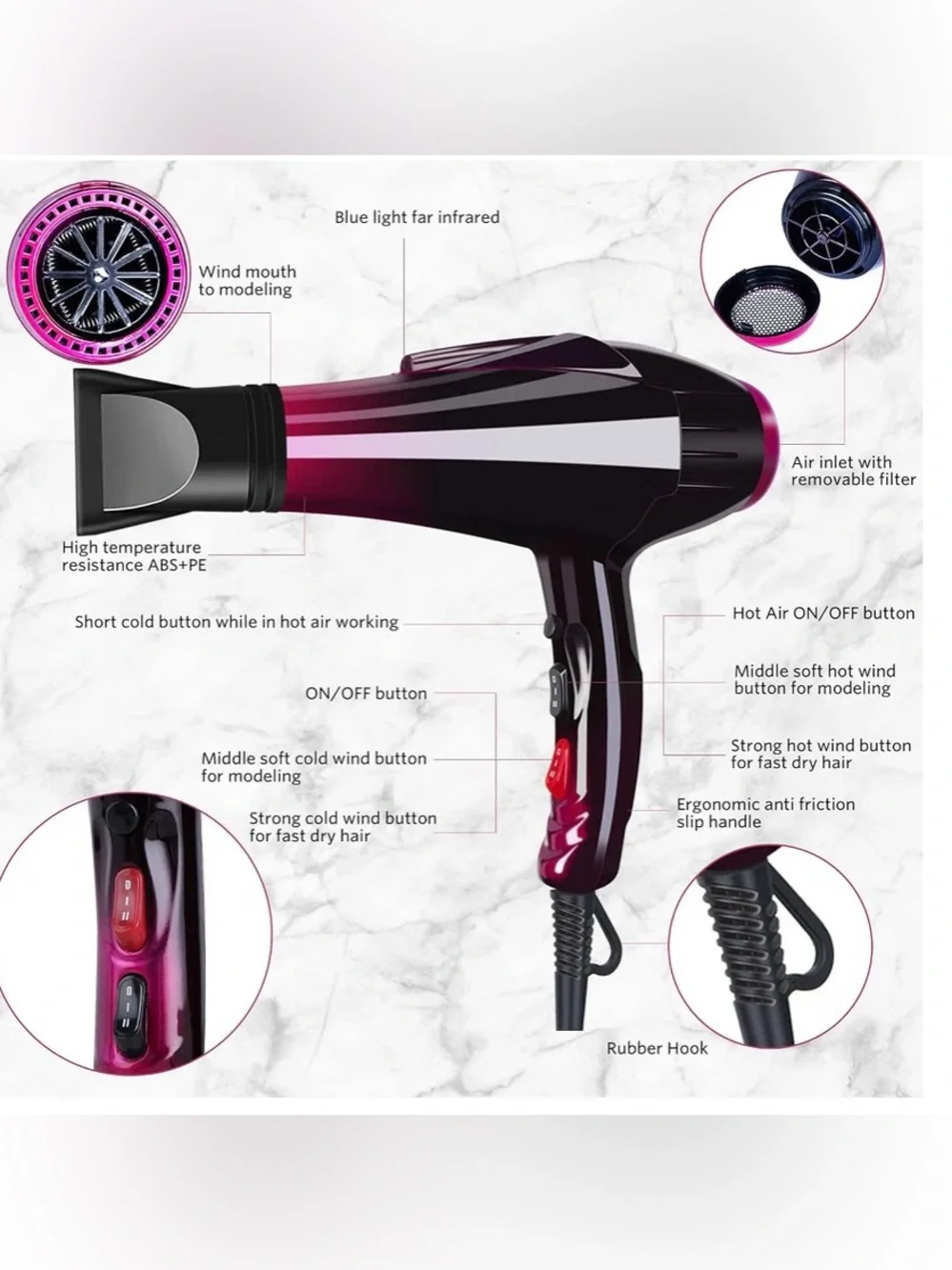 Sisrol Ionic Black & Purple Hair Dryer with Diffuser and Nozzle